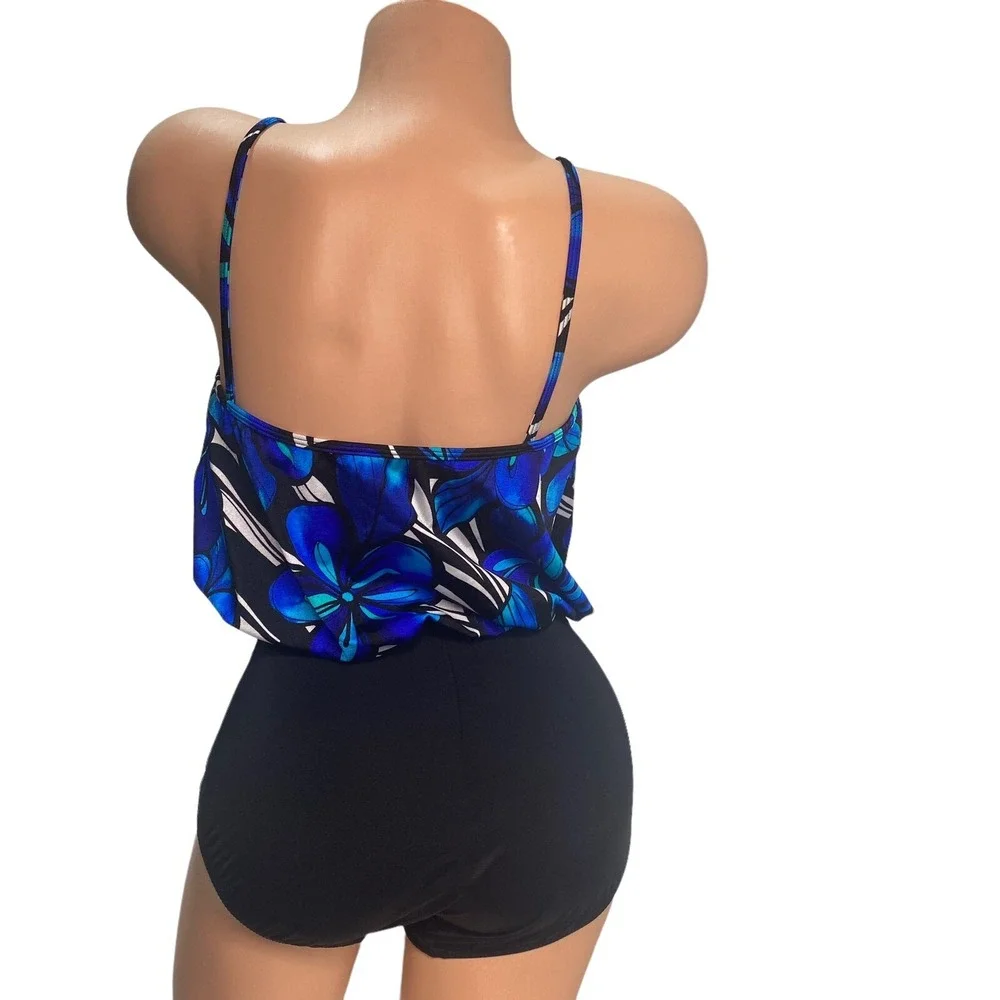 Vtg Inches Away Slimming Swimsuit Size‎ 8 one Piece Blouson 96063 Blue flower